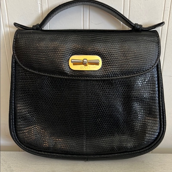 Vintage 60s 70s  Gucci Black Leather Women's Bag lizard skin purse - Picture 1 of 16
